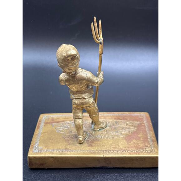 Vintage Brass or Bronze Boy Statue/Figurine With Trident/Fork on Base Unmarked - Picture 6 of 8